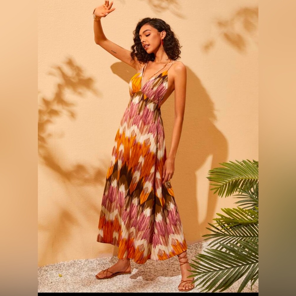 SHEIN Orange and Pink Halter Maxi Sundress Resort Wear